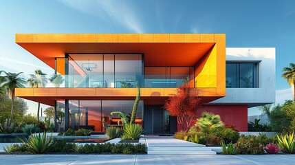 Poster - Stunning modern architecture showcasing vibrant, colorful facades with simple, clean lines and a sleek design, blending contemporary aesthetics with functionality. high resolution Illustration, in