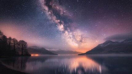 Poster - Stunning Sunset Over Serene Lake With Mountain Reflections at Dusk