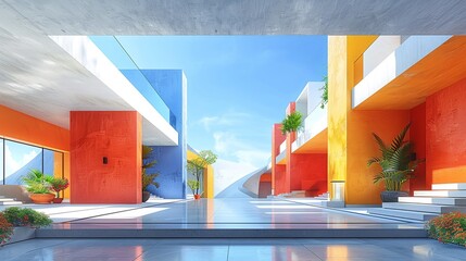 Canvas Print - Modern vibrant building interior featuring colorful accents and minimalist design creating a clean and visually appealing space with simple architectural details. high resolution Illustration in the