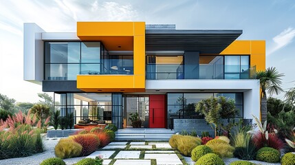 Wall Mural - Vibrant architectural design showcasing a colorful, sleek exterior with clean lines and modern elements, offering a visually appealing and straightforward aesthetic. high resolution Illustration, in