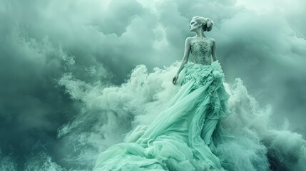 Wall Mural - Beautiful white woman standing on a plateau, with elaborate makeup and wearing a mint colored dress.