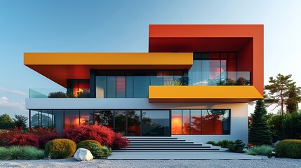 Poster - Contemporary building exterior featuring vibrant colors and clean, sleek lines, combining modern architectural design with a visually striking and straightforward look. high resolution Illustration,