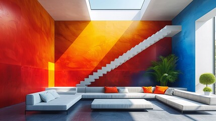 Wall Mural - Modern interior design featuring bright, colorful accents and minimalist architecture, offering a clean and visually engaging space with simple design elements. high resolution Illustration, in the