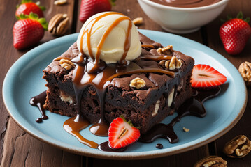 Delectable Warm Chocolate Brownie with Vanilla Ice Cream, Caramel, Chocolate Syrup, Walnuts, and Fresh Strawberry Slices