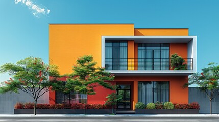 Sticker - Beautifully designed building exterior with bright, colorful accents and a sleek, modern look, blending uncomplicated lines with contemporary architectural elements. high resolution Illustration, in