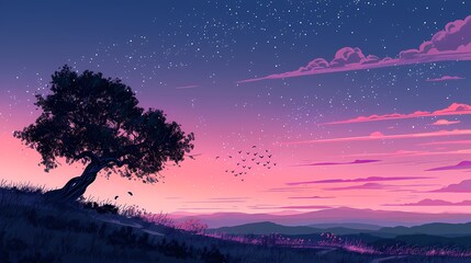 Wall Mural - Silhouette of a tree on a hill with a pink and purple sunset and a flock of birds flying in the sky.