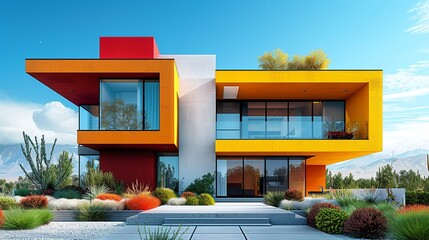 Wall Mural - Contemporary architecture showcasing a vibrant, colorful exterior with sleek, modern lines, blending aesthetic simplicity with functional design for a visually appealing look. high resolution