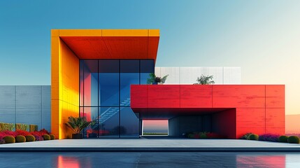 Canvas Print - Beautifully designed modern building exterior with vibrant, colorful facades and sleek, uncomplicated lines, combining contemporary style with visual appeal. high resolution Illustration, in the