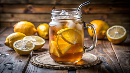  Iced Lemon Tea in Mason Jar with Straw on Rustic Wooden Table