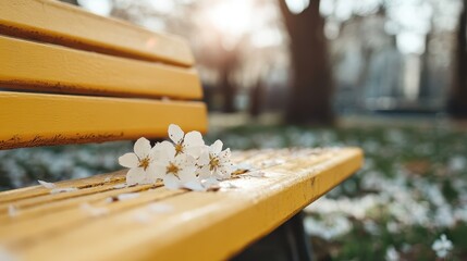 A close-up of a vibrant yellow park bench adorned with delicate white flowers, set in a tranquil park, capturing the essence of spring and simplicity in nature.