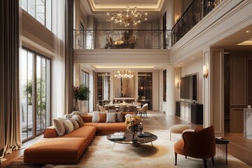 A luxurious apartment interior with high ceilings, elegant furnishings, and sophisticated decor