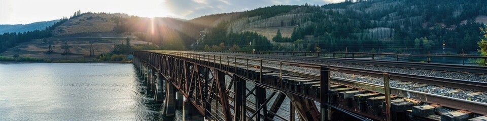 Poster - A railway bridge stretches across water along a roadway in this stock image.