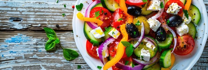 Canvas Print - Vibrant and flavorful Greek salad featuring tomatoes, onions, cucumbers, peppers, olives, and crumbled feta cheese presented on a bed.