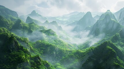 Wall Mural - Misty mountains with lush green valleys