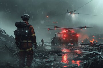 AI-Powered Disaster Response System: A command center using AI to coordinate disaster response efforts, deploying drones and robotic units for search and rescue.