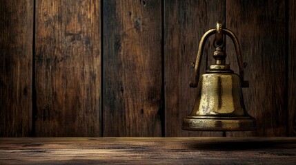 brass bell on wooden background with copyspace