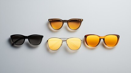 Wall Mural - Various stylish sunglasses displayed on a neutral background showcasing different colors and shapes