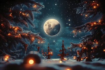 Wall Mural - Christmas painting night moon.