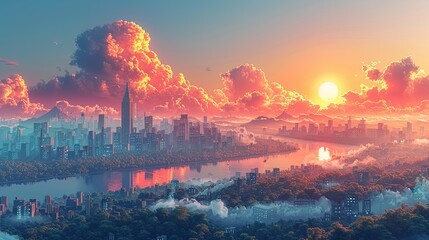 Poster - Visualize a global warming scenario with a cityscape experiencing extreme weather events and rising temperatures, highlighting the urgent need for emission reduction and climate action. high