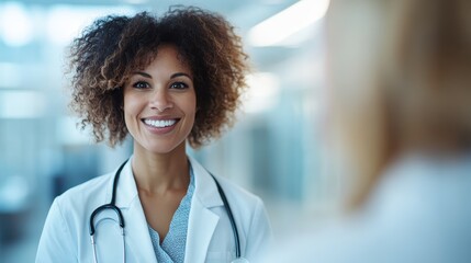 Two healthcare professionals in white coats, one with curly hair and the other with blonde hair, engaged in a discussion in a modern, well-lit medical facility.