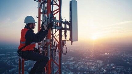 engineer working on a 5G telecommunication tower