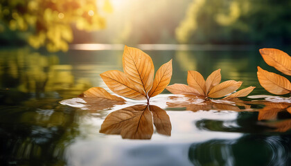 Wall Mural -  Leaves in Water- A serene photograph of leaves floating on water, capturing the simplicity _1(411)