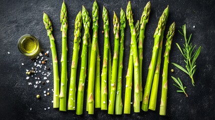 Wall Mural - A fresh bunch of green asparagus spears, arranged in a neat row on a dark charcoal concrete surface, with a light drizzle of olive oil and a sprinkle of sea salt