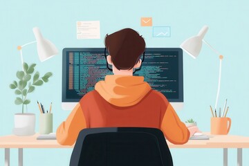 Creative Vector Illustration of a Software Engineer Coding Vibrant Programs
