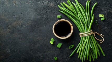 Wall Mural - A fresh bunch of green beans, tied together with twine, sitting on a dark charcoal concrete surface with a small dish of soy sauce or vinaigrette