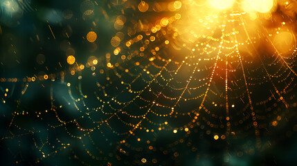 A golden spider web glistens in the light, surrounded by a soft bokeh effect that enhances its intricate beauty.
