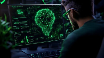 Man Working On Computer With Green Light Bulb Icon.