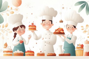 Ethnic Diverse Chefs Decorating Colorful Pastries in Hand-drawn Vector Style, Culinary Occupation Illustration