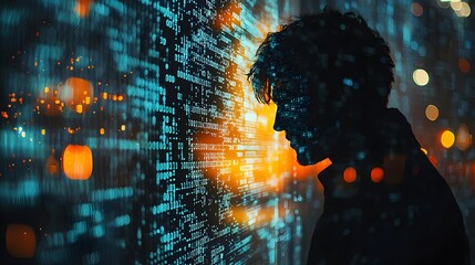 Silhouette of a Person in Front of a Digital Code Wall.