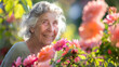 © vitor - Uma senhora idosa radiante está cercada por flores desabrochando, transmitindo tranquilidade e a alegria de estar na natureza.