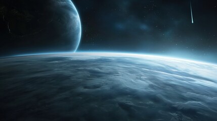 Wall Mural - a stunning view showcases earth illuminated by sunlight, with a distant planet looming majestically 