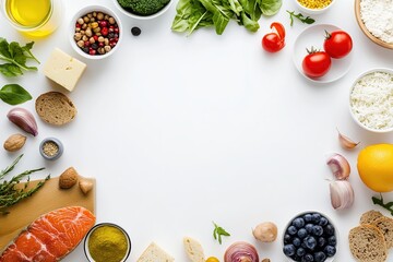 A organized variety of healthy foods displayed on a clean white background