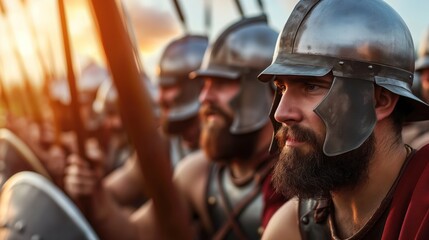 Historical reenactors dressed as ancient soldiers prepare for battle, showcasing their traditional armor and weapons against a beautiful sunset backdrop