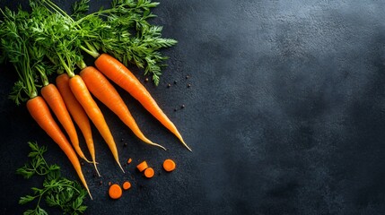 Wall Mural - A vibrant bunch of fresh carrots with their leafy tops intact, resting on a dark charcoal concrete surface, with a few peeled carrot shavings scattered around