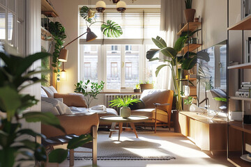 Wall Mural - Sunlit Living Room with Lush Greenery