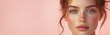 © NeuroCake - Young woman with glowing makeup on pink background. Beauty portrait. Cosmetics and skincare concept. image for beauty blogs, product advertisements, and fashion presentations.