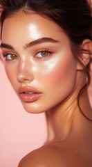 Wall Mural - Young woman with glowing makeup on pink background. Beauty portrait. Cosmetics and skincare concept. image for beauty blogs, product advertisements, and fashion presentations.