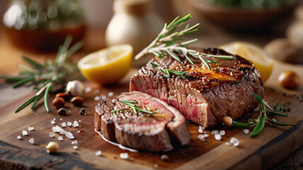 A rustic wooden table with a platter of roast lamb illuminated by candlelight.