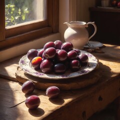 Wall Mural - Cozy rustic kitchen interior with plum fruits on old wooden table.