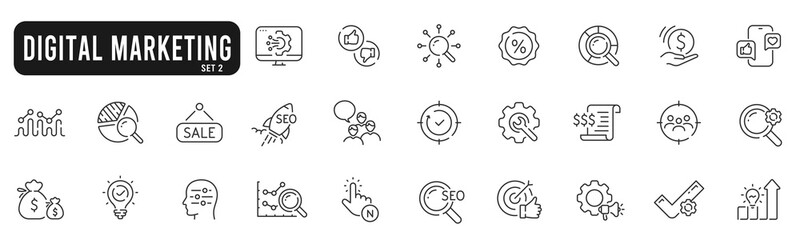 Wall Mural - Set of digital marketing line icons. Management, seo, target, ad, analytics etc. Set 2