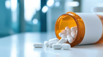 Close-up of spilled white tablets from an orange prescription bottle on a clean surface, representing health and medication.