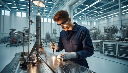 Engineer working on a rocket component in a factory.