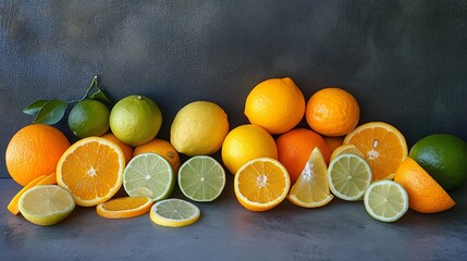 Poster - A group of vibrant citrus fruits, including oranges, lemons, and limes, arranged in a neat pile on a dark charcoal concrete surface, with a few citrus slices fanned out