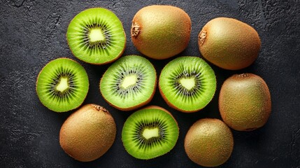 Canvas Print - A group of vibrant kiwis, some whole and others sliced open to reveal their bright green flesh, arranged in a fan shape on a dark charcoal concrete surface