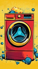 Canvas Print - Pop art style illustration of a washing machine in bold, vibrant colors, featuring comic book elements and surrounded by playful soap bubbles in a dynamic and eye-catching composition