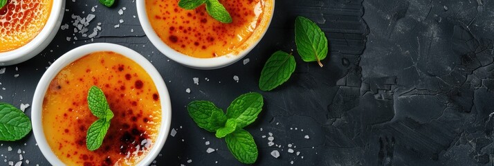 Poster - Delightful dessert of creme brulee featuring a caramelized top and fresh mint, presented in stylish white ceramic ramekins. Ideal for cafes and restaurants. Overhead perspective.